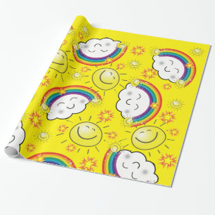 Glosswrapping Paper, Rainbow Sun Clouds Gelb Geschenkpapier