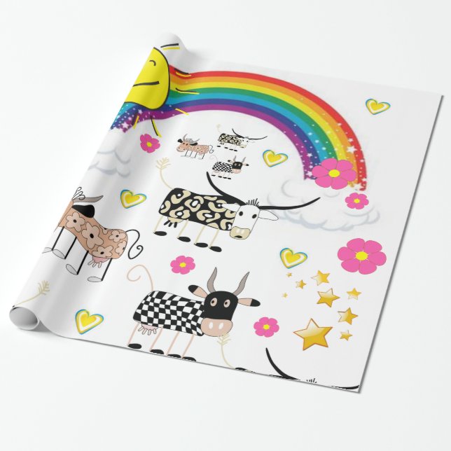 Glosswrapping Paper, Rainbow Sun Floral Cows Geschenkpapier (Ungerollt)