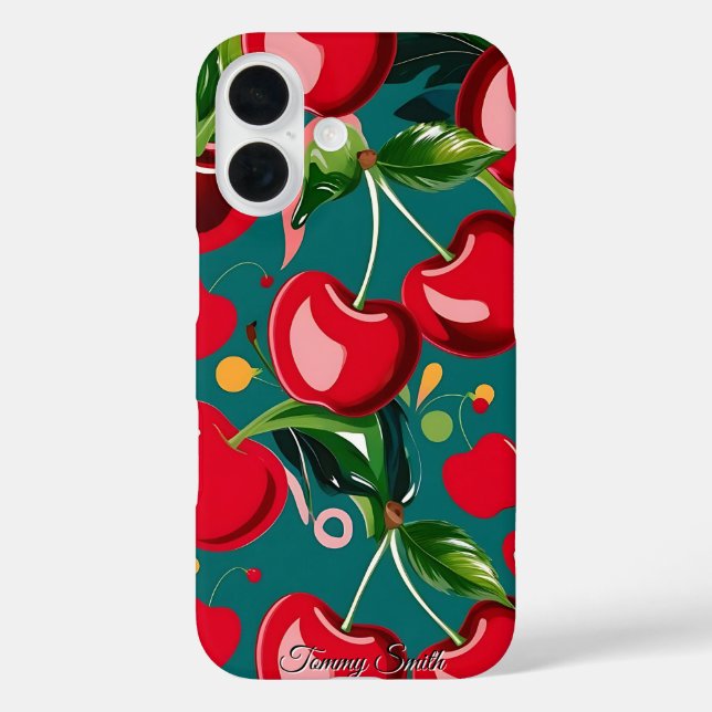 Glossy Cherry & Floral Pattern iPhone 16 Hülle (Rückseite)