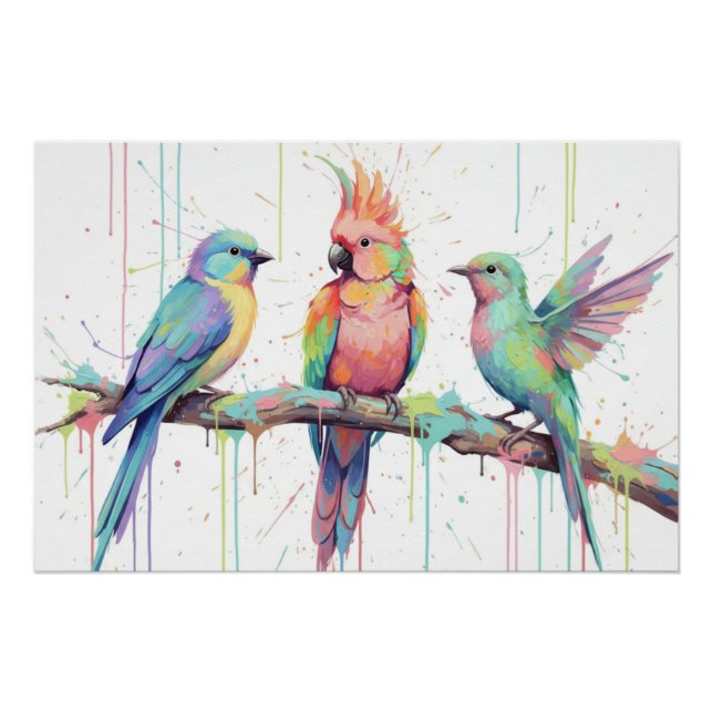 Glossy Poster of three pastel coloured birds (Devant)