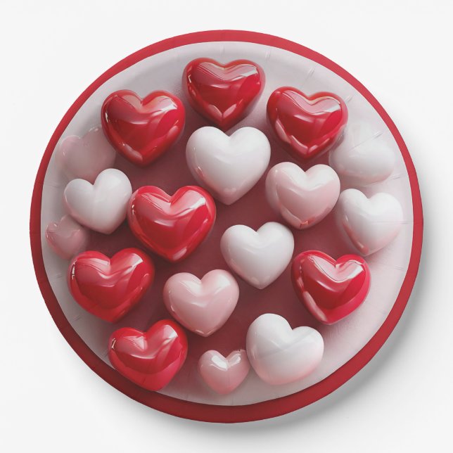 Glossy Red and White Hearts Pappteller (Vorderseite)