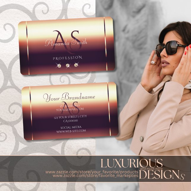 Glossy Rose Gold Optics Sparkle Diamonds Initialen Visitenkarte (Von Creator hochgeladen)