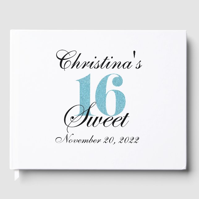 Glossy Sweet 16 Blue Glitzer Custom Gästebuch (Vorderseite)