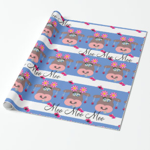 Glossy Wrapping Paper, Blütenkuh Moo Blau Geschenkpapier