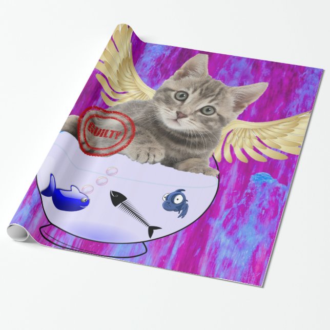 Glossy Wrapping Paper, Kitten Fish Guilty Geschenkpapier (Ungerollt)