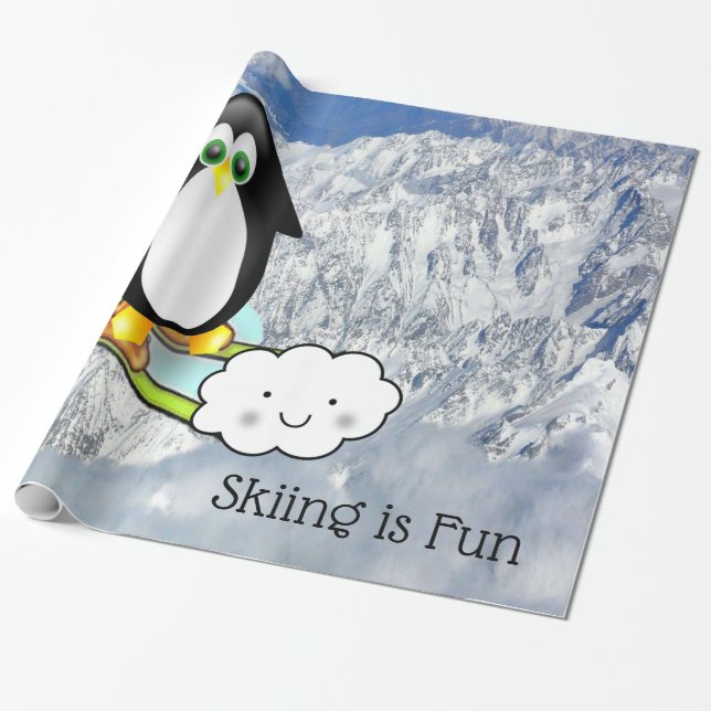 Glossy Wrapping Paper, Pinguin Skiing ist Spaß Geschenkpapier (Ungerollt)