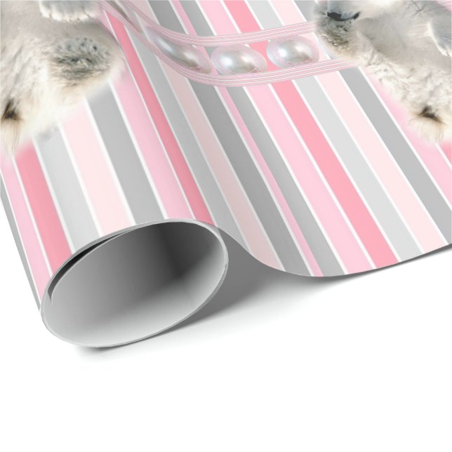 Glossy Wrapping Paper Polar Bear Pink Stripe Geschenkpapier (Rolleneckpunkt)
