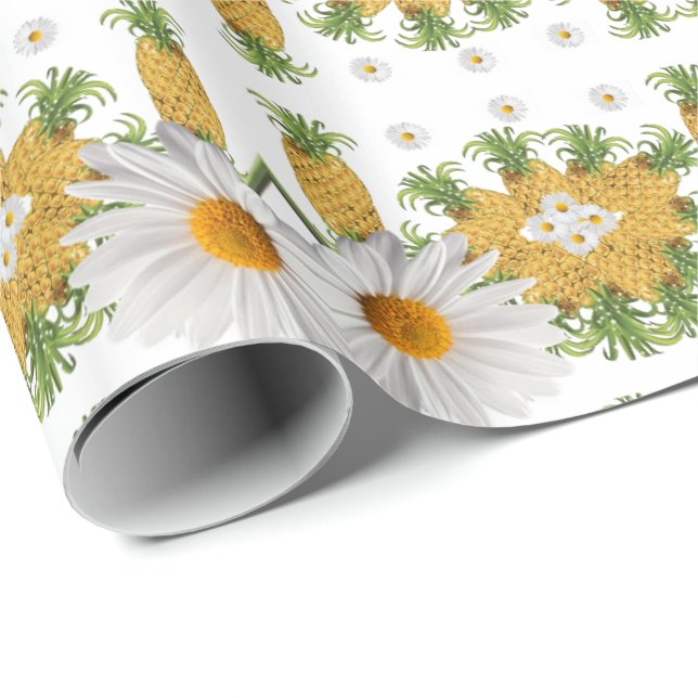 Glossy Wrapping Paper White Daisy Ananas Geschenkpapier (Rolleneckpunkt)