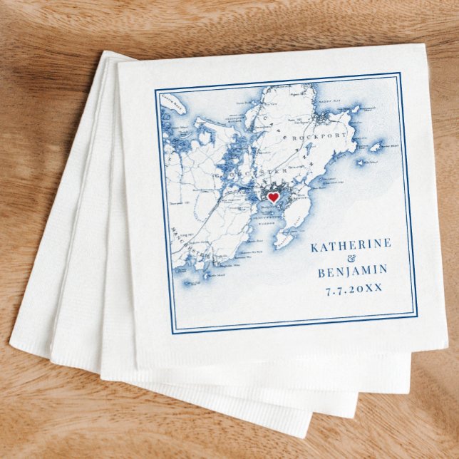 Gloucester Massachusetts Map Navy Elegant Wedding Serviette (These Gloucester wedding napkins are perfect for your destination wedding to Cape Ann, Massachusetts)