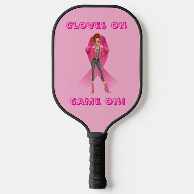 Gloves On, Game On! Brustkrebs-Bewusstsein Pickleball Schläger (Vorderseite)