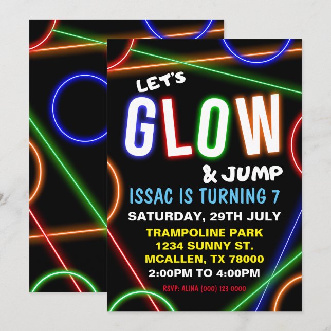 Glow and Jump Birthday Invitation (Devant / Derrière)
