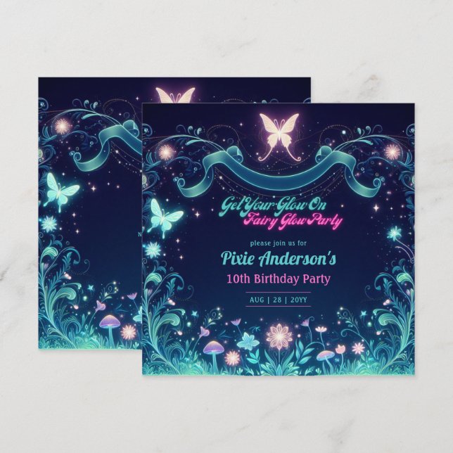 Glow Fairy Party Thema Fairytale Verzauberter Wald Einladung (Vorne/Hinten)