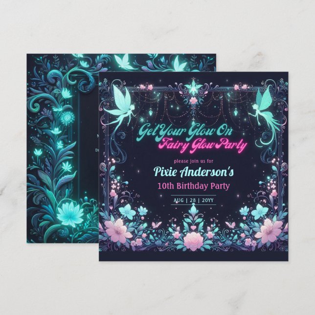 Glow Fairy Party Thema - Märchen nach Dunkelheit Einladung (Vorne/Hinten)