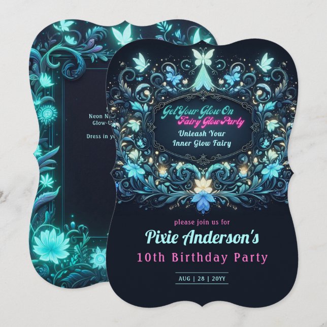 Glow Fairy Party Thema - Märchen nach Dunkelheit Einladung (Vorne/Hinten)