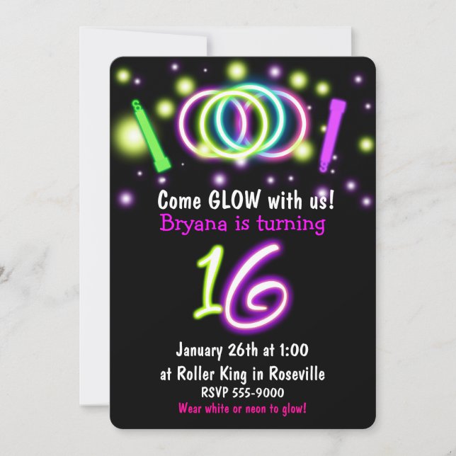 GLOW Lights 16. Geburtstagsparty Age 16 Einladung (Vorderseite)