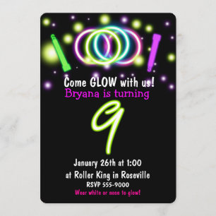 GLOW Lights 9. Geburtstagsfeier Einladung für 9-Jä