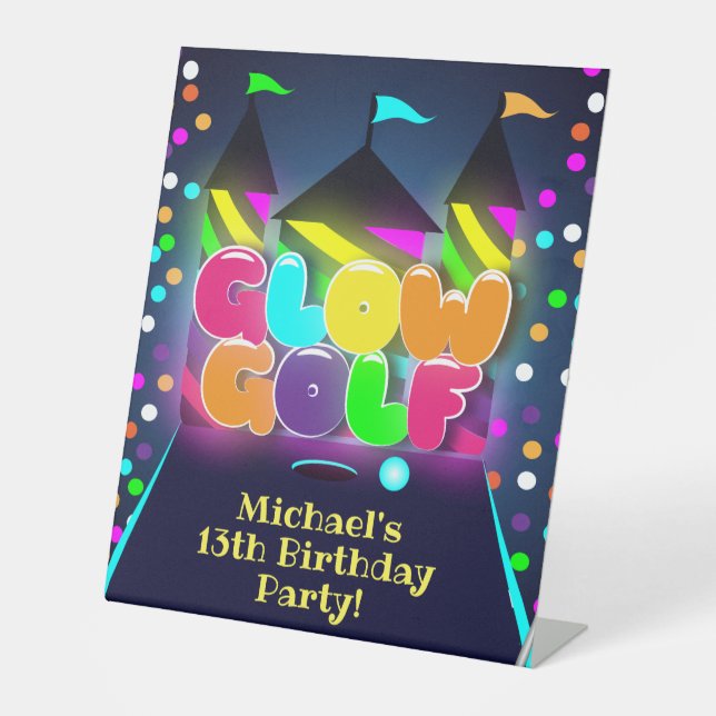 Glow Miniatur Golf Geburtstagsparty Sockelschild (Vorderseite)