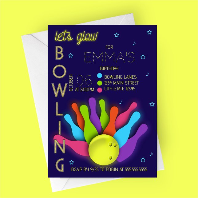 Glow Neon Bowling Birthday Invitation Einladung (Let's Glow Bowling | Cosmic Bowling Birthday Party Invitation)