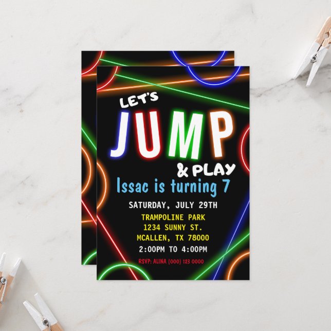 Glow Neon Let's Jump Birthday Party Invitation Einladung (Vorderseite/Rückseite Beispiel)