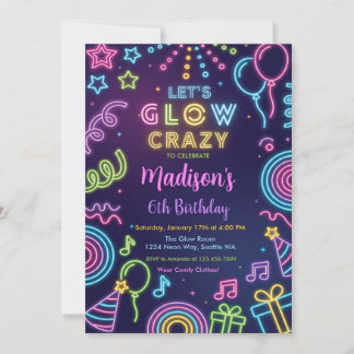Glow Party Birthday Invitation, Neon Glow Theme Einladung