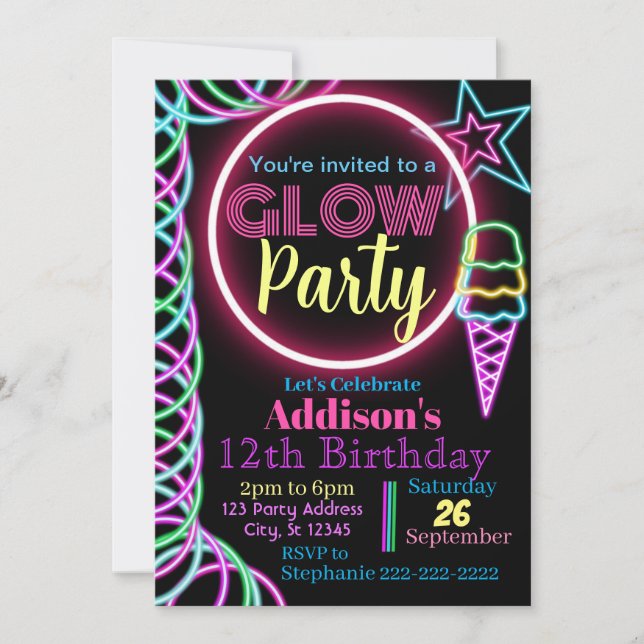 Glow Party Einladung, Neon Birthday Party Einladung (Vorderseite)