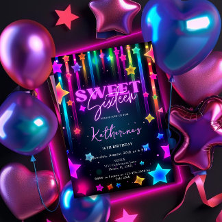 Glow Sweet 16 Sechzehn Retro 80er Neon Bright Einladung