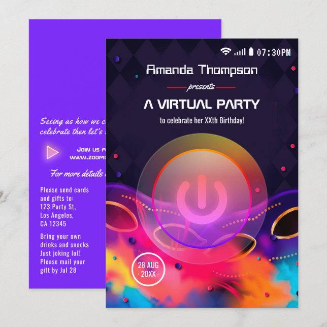 Glow Virtual Birthday Party Einladung (Vorne/Hinten)