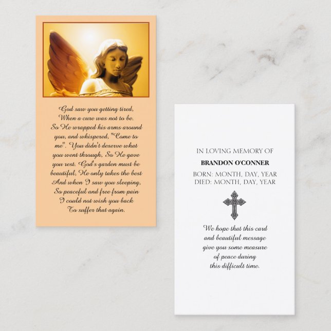 Glowing Angel Yellow Gold Orange Sympathy Prayer Visitenkarte (Vorne/Hinten)