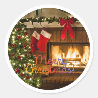 Glowing Christmas Tree and Fireplace Round Sticker