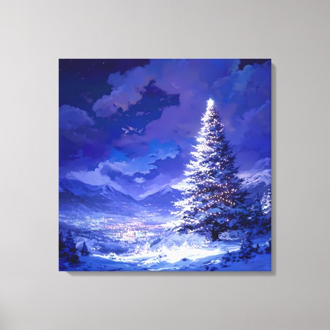 Glowing Christmas Tree Snowy Mountain Landscape Leinwanddruck (Vorderseite)