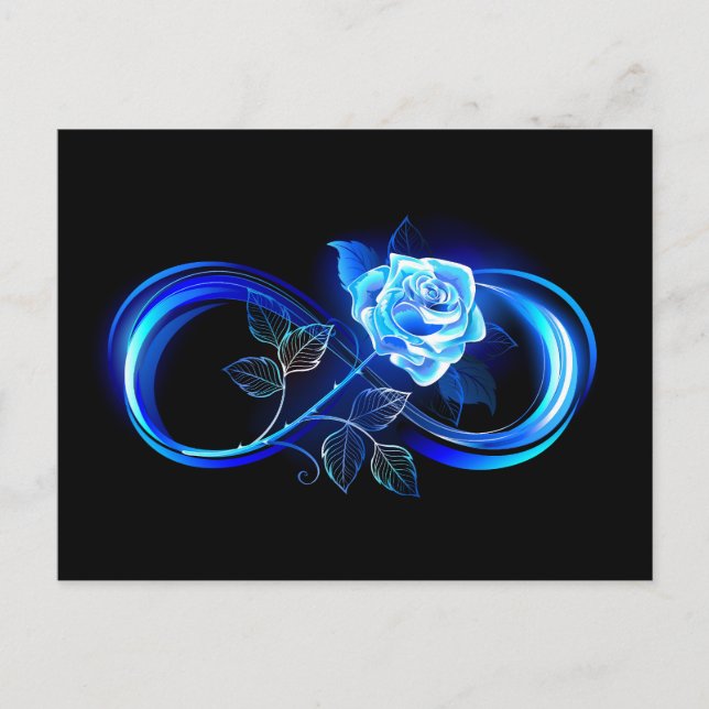 Glowing infinity with blue rose einladungspostkarte (Vorderseite)