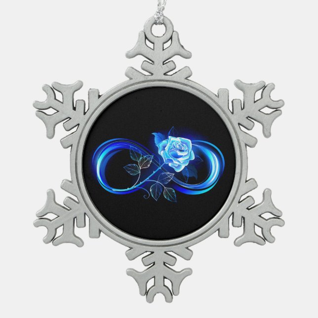 Glowing infinity with blue rose schneeflocken Zinn-Ornament (Vorderseite)