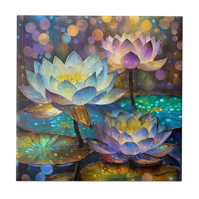 Glowing Lotus Flowers Trio Fliese (Vorderseite)