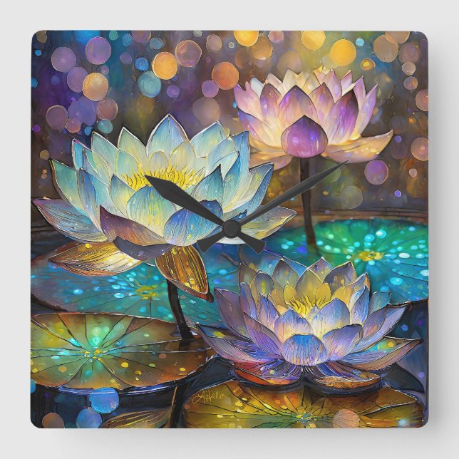 Glowing Lotus Flowers Trio Quadratische Wanduhr (Vorderseite)