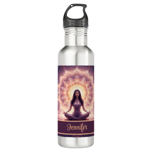 Glowing Mandala Meditation Woman Custom Name       Edelstahlflasche (Vorderseite)