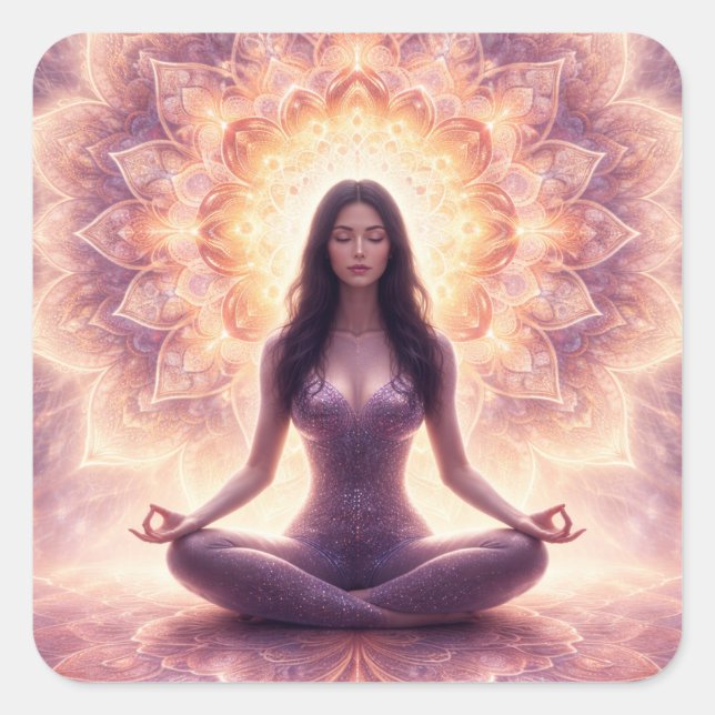 Glowing Mandala Meditation Woman Custom Name       Quadratischer Aufkleber (Vorderseite)