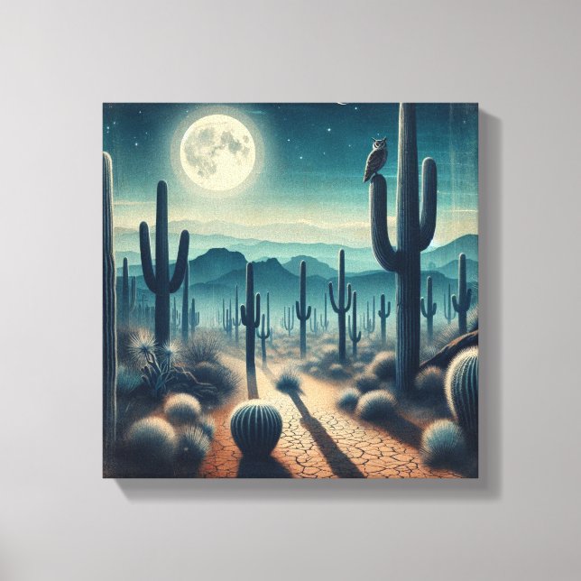 Glowing Moonlit Desert with Cactus and Fireflies Leinwanddruck (Vorderseite)