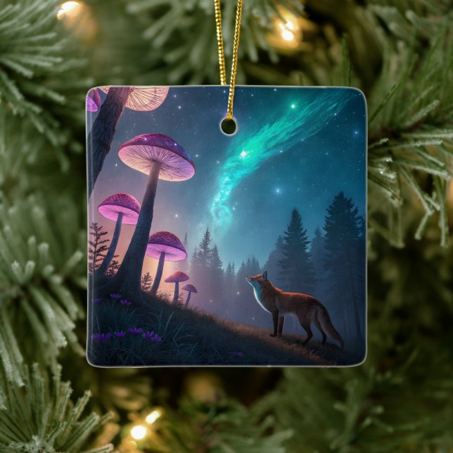Glowing Mushroom Forest Fox Fantasy Art Keramikornament (Baum)