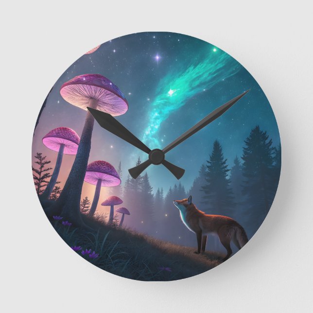 Glowing Mushroom Forest Fox Fantasy Art Runde Wanduhr (Vorderseite)