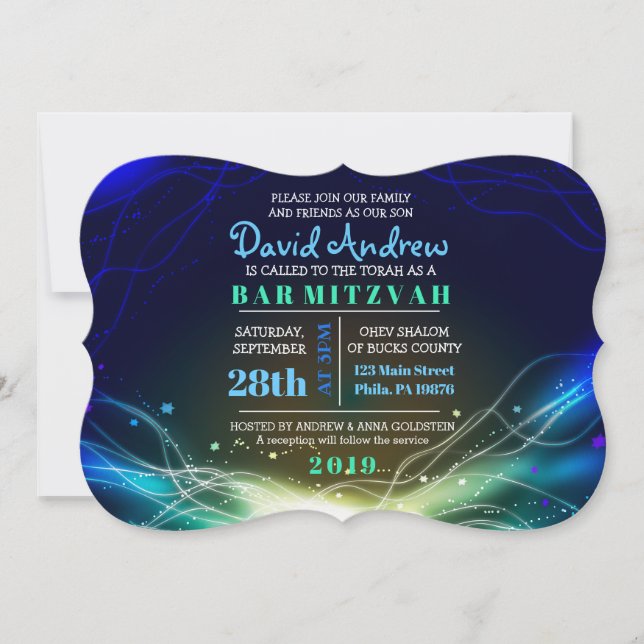 GLOWING NEON STARS Bar Mitzvah Einladung blau (Vorderseite)