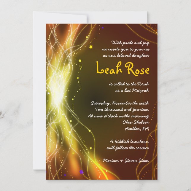 GLOWING NEON STARS Bat Mitzvah Einladung GOLD (Vorderseite)