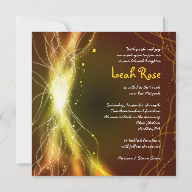 GLOWING NEON STARS Bat Mitzvah Einladung GOLD (Vorderseite)