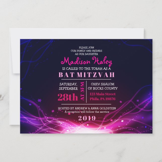 GLOWING NEON STARS FUSCHIA Bat Mitzvah Einladung (Vorderseite)