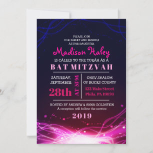 GLOWING NEON STARS FUSCHIA Bat Mitzvah Einladung