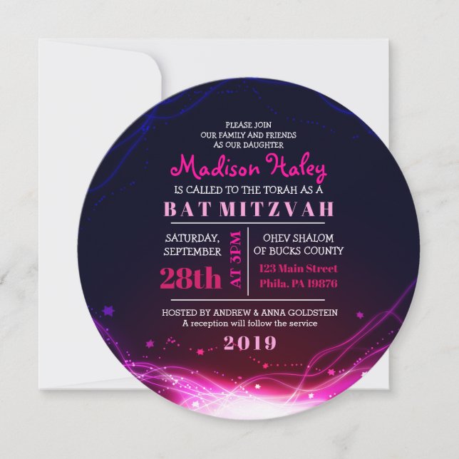 GLOWING NEON STARS FUSCHIA Bat Mitzvah Einladung (Vorderseite)