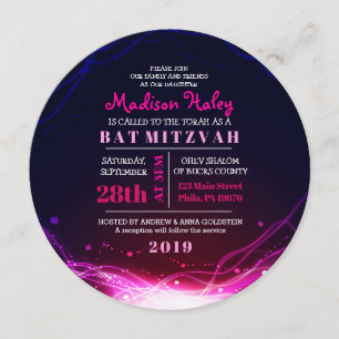 GLOWING NEON STARS FUSCHIA Bat Mitzvah Einladung