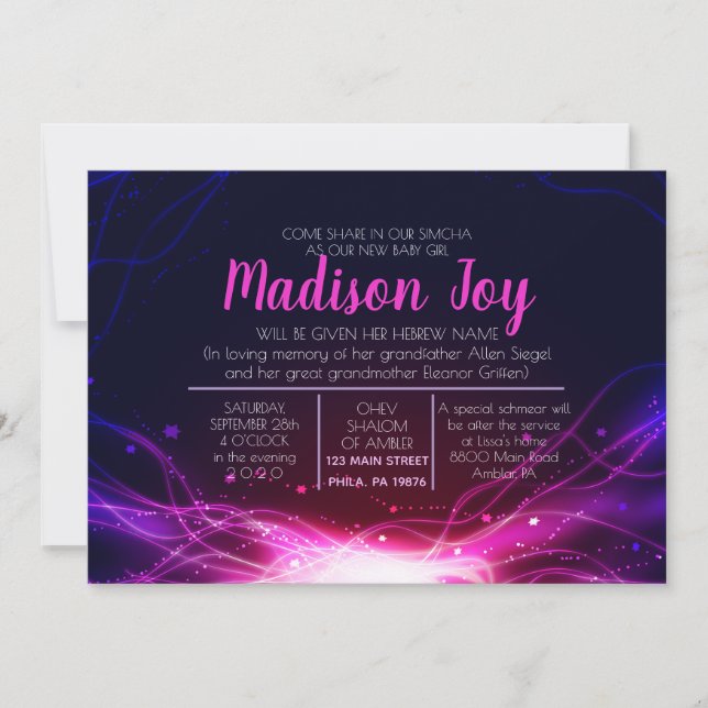 GLOWING NEON STARTET Jüdische Namensgebung für Kin Einladung (Vorderseite)