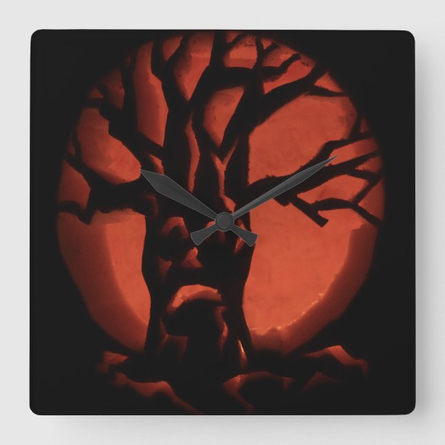 Glowing Scared Dead Tree Halloween Pumpkin Quadratische Wanduhr (Vorderseite)