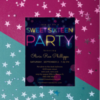 Glows Neon 16 . Geburtstag Party Gold Folieneinladung