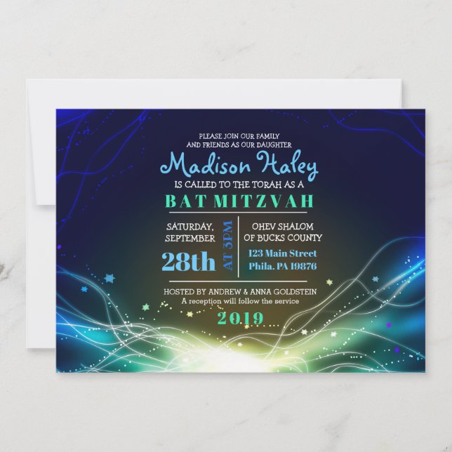 GLOWWING NEON Stars Bar Mitzvah Invitation bleu (Devant)